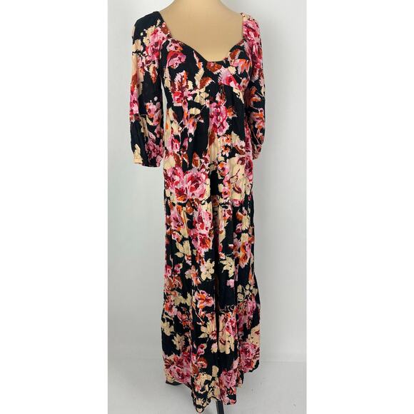 Anthropologie Size XS S Blossom Black Floral Maxi Dress Puff sleeves Smocked - Picture 5 of 13